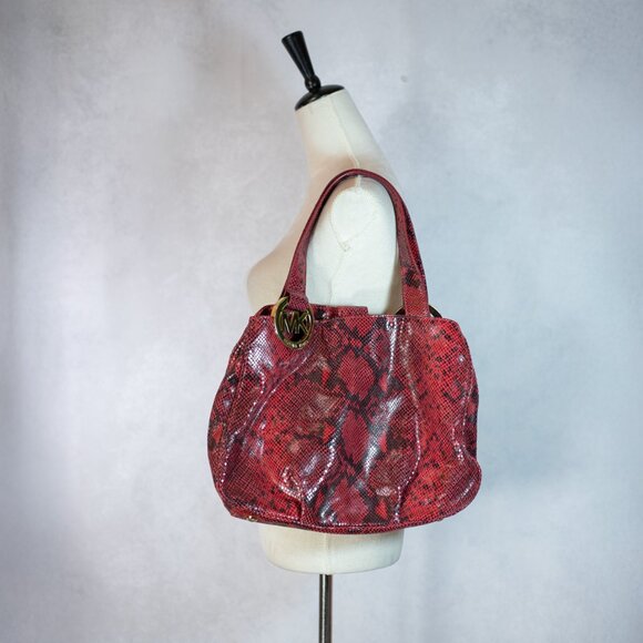 Michael Kors Fulton East-West Tote Red Python Embossed Leather Bag Large - Picture 3 of 13
